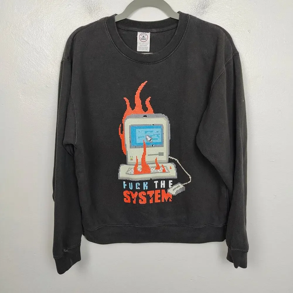 Delta F*ck The System Graphic Sweatshirt Mens Medium Black Pullover Fleece